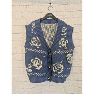 Bailey Rose Blue Sweater Vest With Roses 80s Retro Granny Size Medium